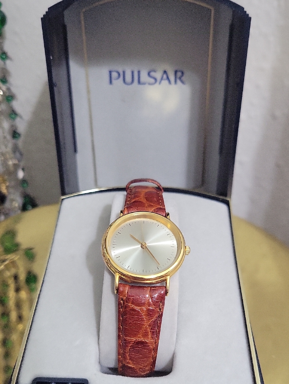 Pulsar Gold-Tone Case Watch with Brown Leather Strap and Silver Dial